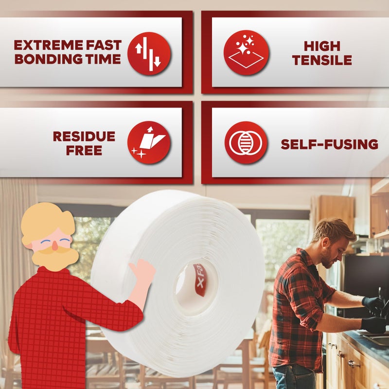 XFasten Self Fusing Silicone Tape Waterproof Whiteâ€“ 1" x 36 Feet, Self Amalgamating Tape, Silicone Rubber for Plumbing, Sealing Pipes, Hose Repair, Outdoor Coax and Electrical Cables â€“ Weatherproof - Image 3